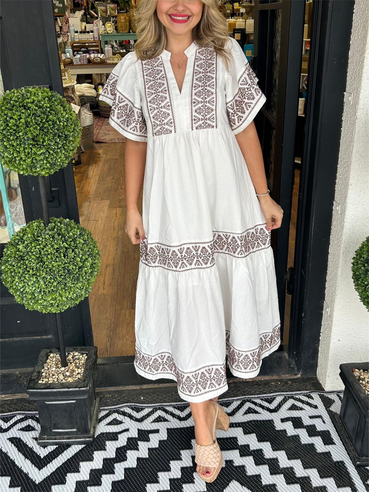 Kylie | Midi Summer Dress with Embroidered Detail and V-Neck