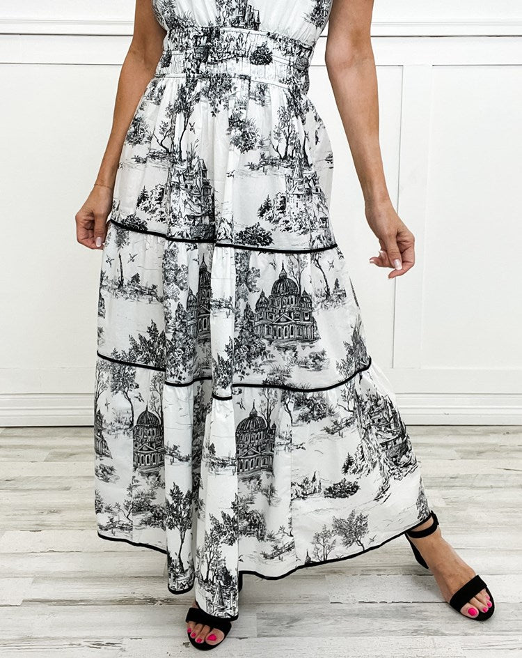 Nova | Midi Shirt Dress with Toile Print and Tiered Skirt