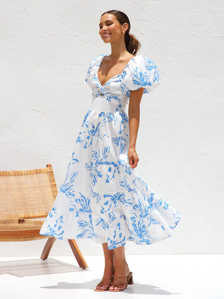 Mabel | Midi Summer Dress with Floral Print and Puff Sleeves