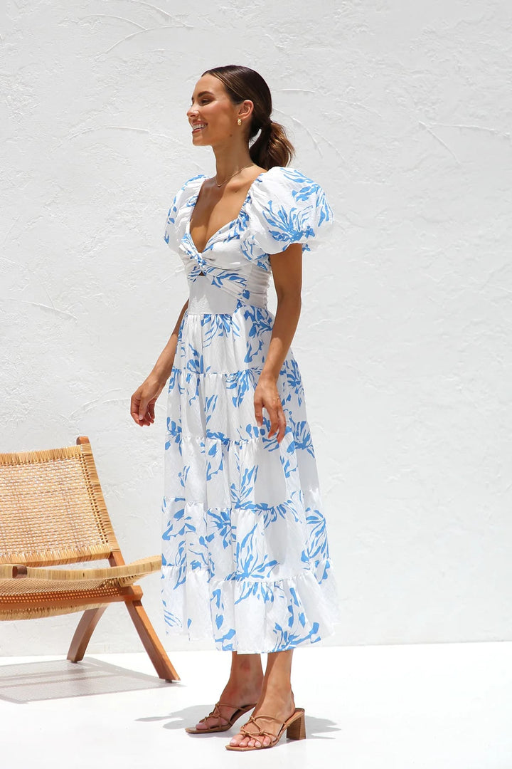 Mabel | Midi Summer Dress with Floral Print and Puff Sleeves