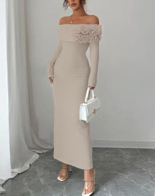 Linda | Maxi Wedding Guest Dress with Off Shoulder and Floral Trim