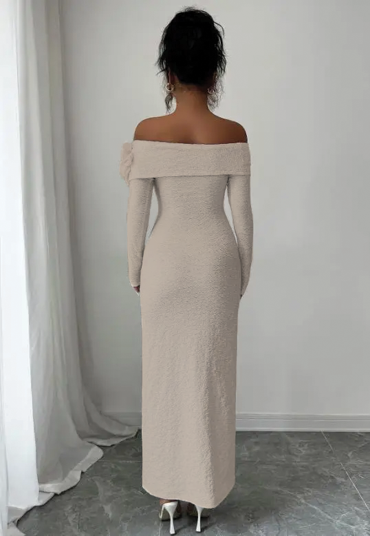 Linda | Maxi Wedding Guest Dress with Off Shoulder and Floral Trim