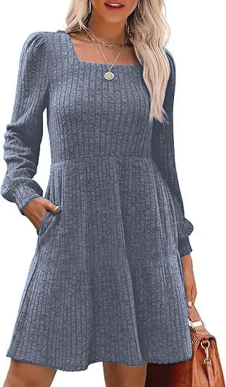 Mary | Mini Sweater Dress with Square Neck and Front Pockets