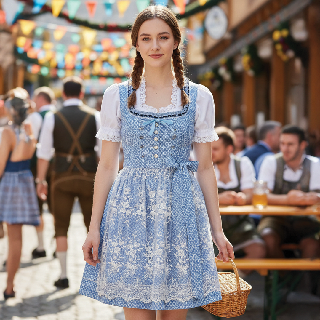 Michele | Mini Cocktail Dress with Embroidered Apron and Puff Sleeves