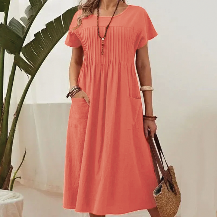 Deborah | Midi Summer Dress with Pleated Bodice and Pockets