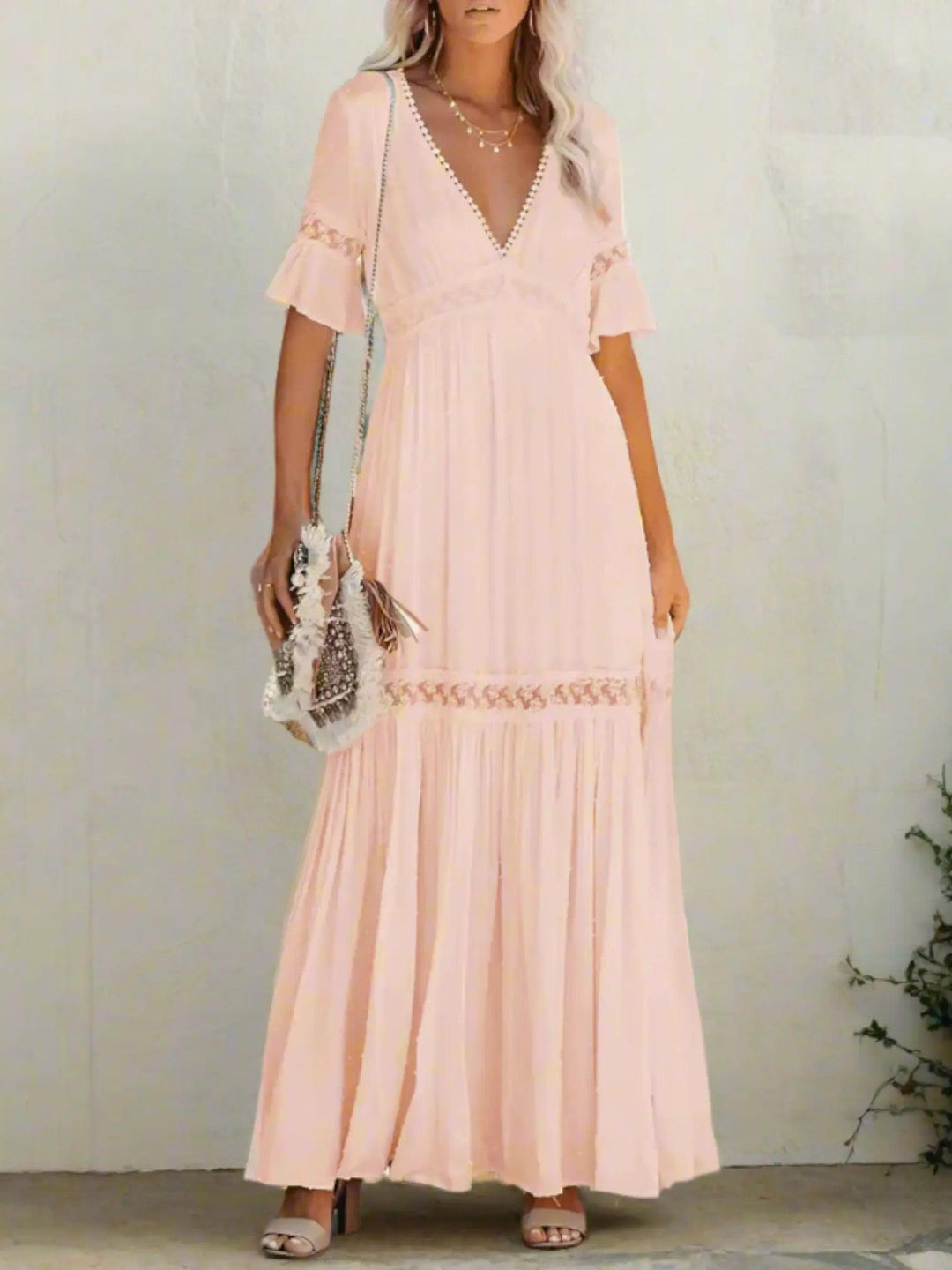 Grace | Maxi Wedding Guest Dress with V-Neck and Tiered Skirt