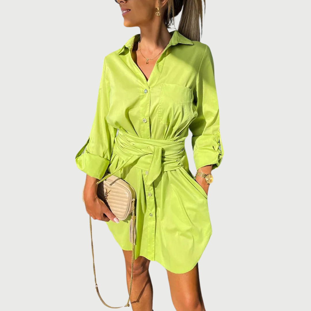 Ivy | Mini Shirt Dress with Tie Waist and Long Sleeves