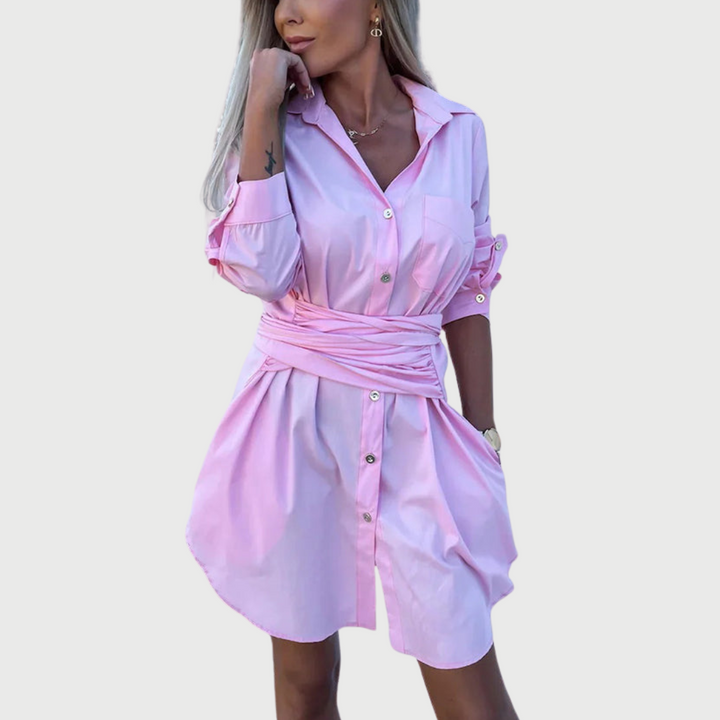Ivy | Mini Shirt Dress with Tie Waist and Long Sleeves