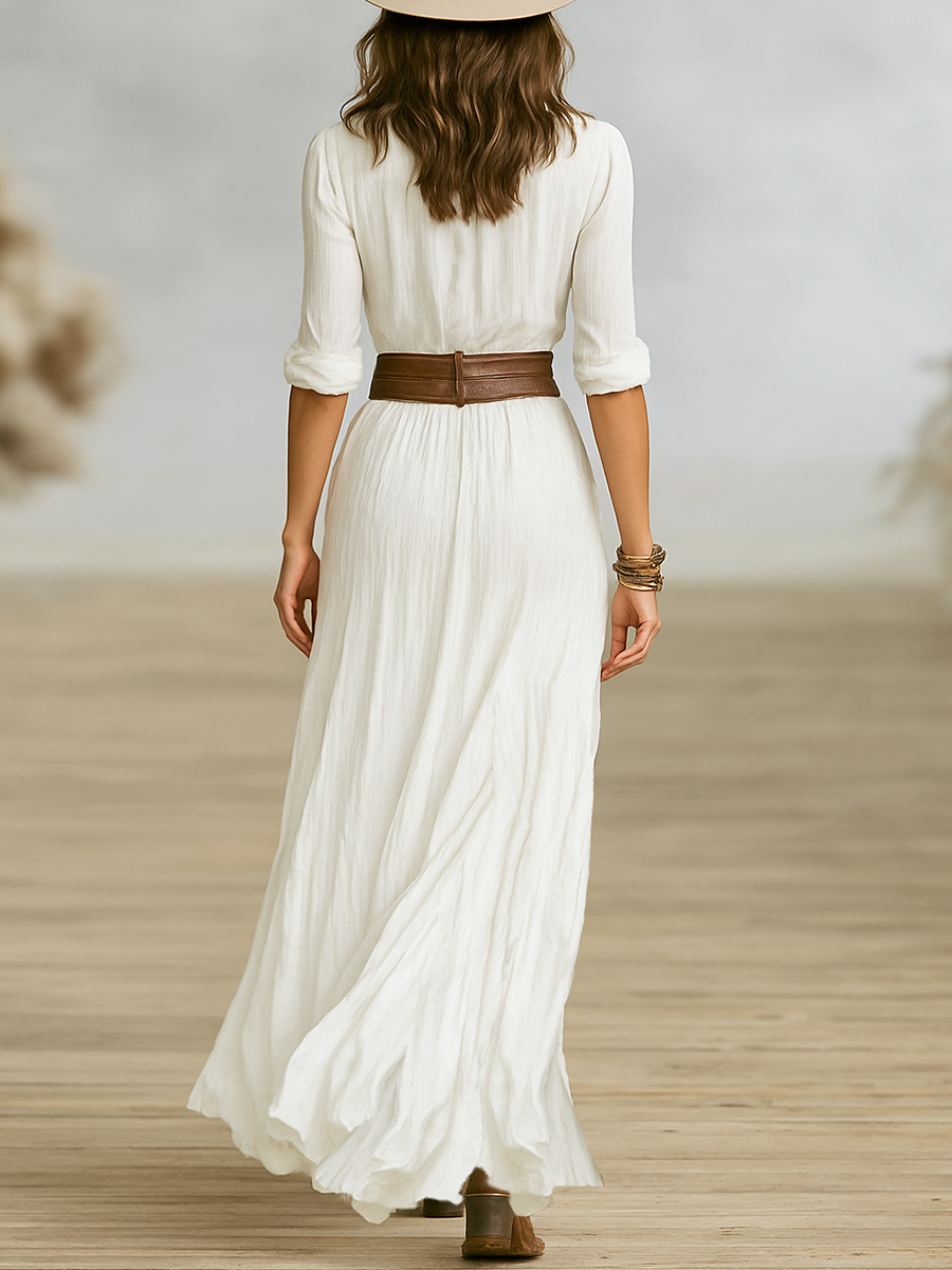Marie | Maxi Shirt Dress with Belted Waist and Long Sleeves