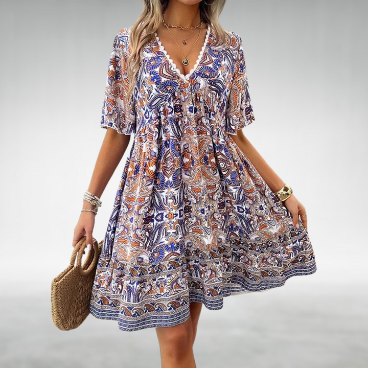 Danielle | Mini Summer Dress with Boho Print and Elbow-Length Sleeves