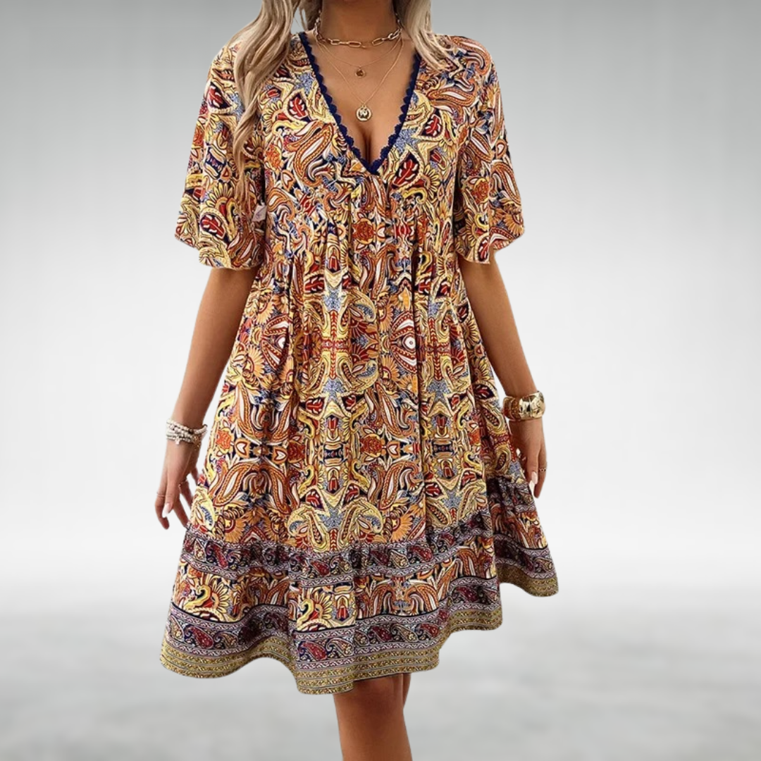 Danielle | Mini Summer Dress with Boho Print and Elbow-Length Sleeves