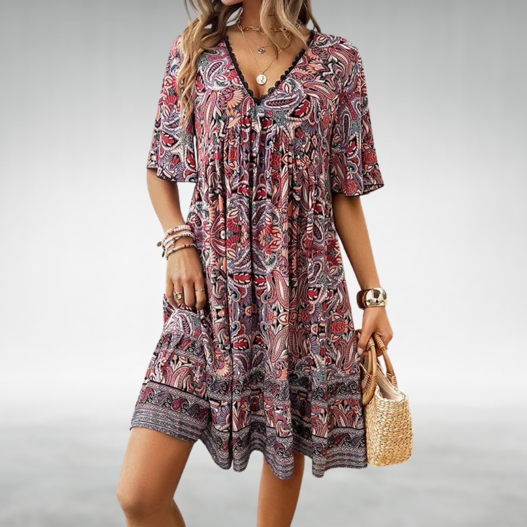 Lila | Mini Summer Dress with Paisley Print and V-Neck