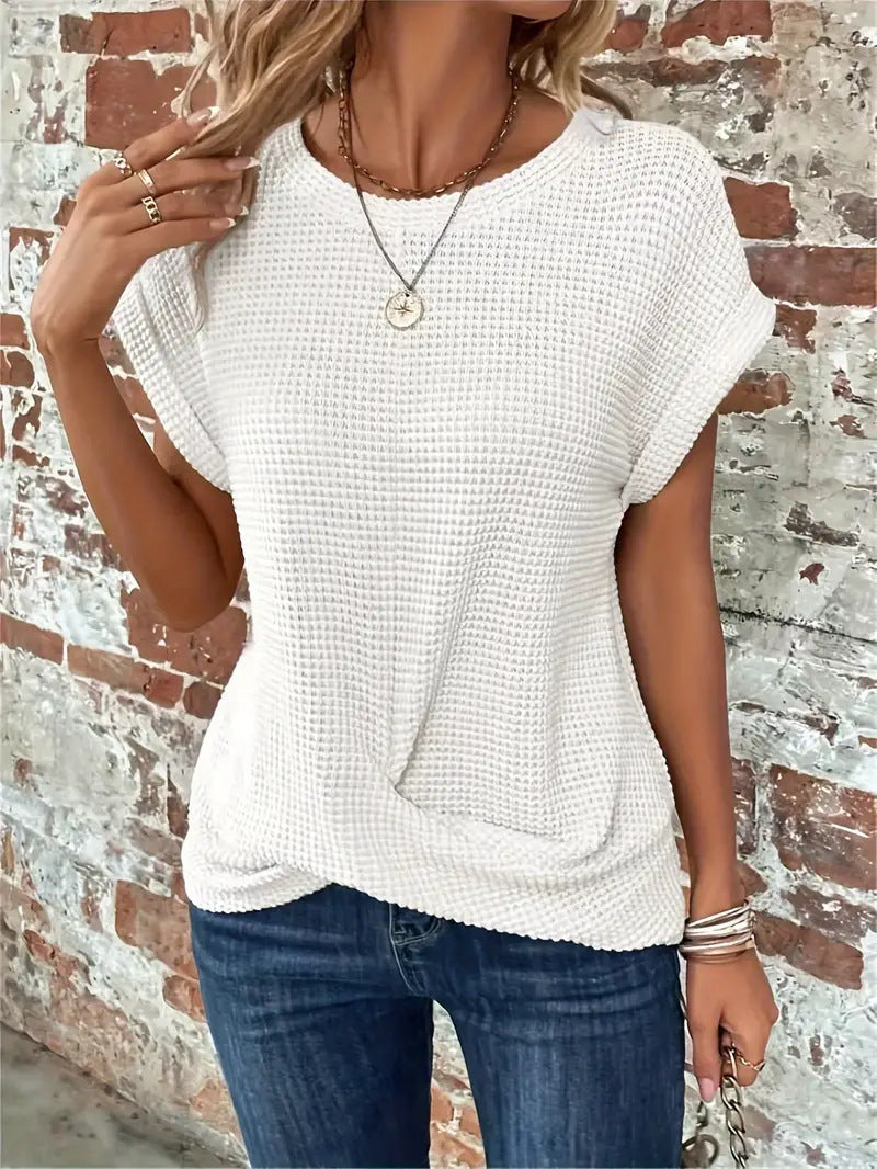 Tara | Waffle Knit Top with Round Neck and Twisted Hem