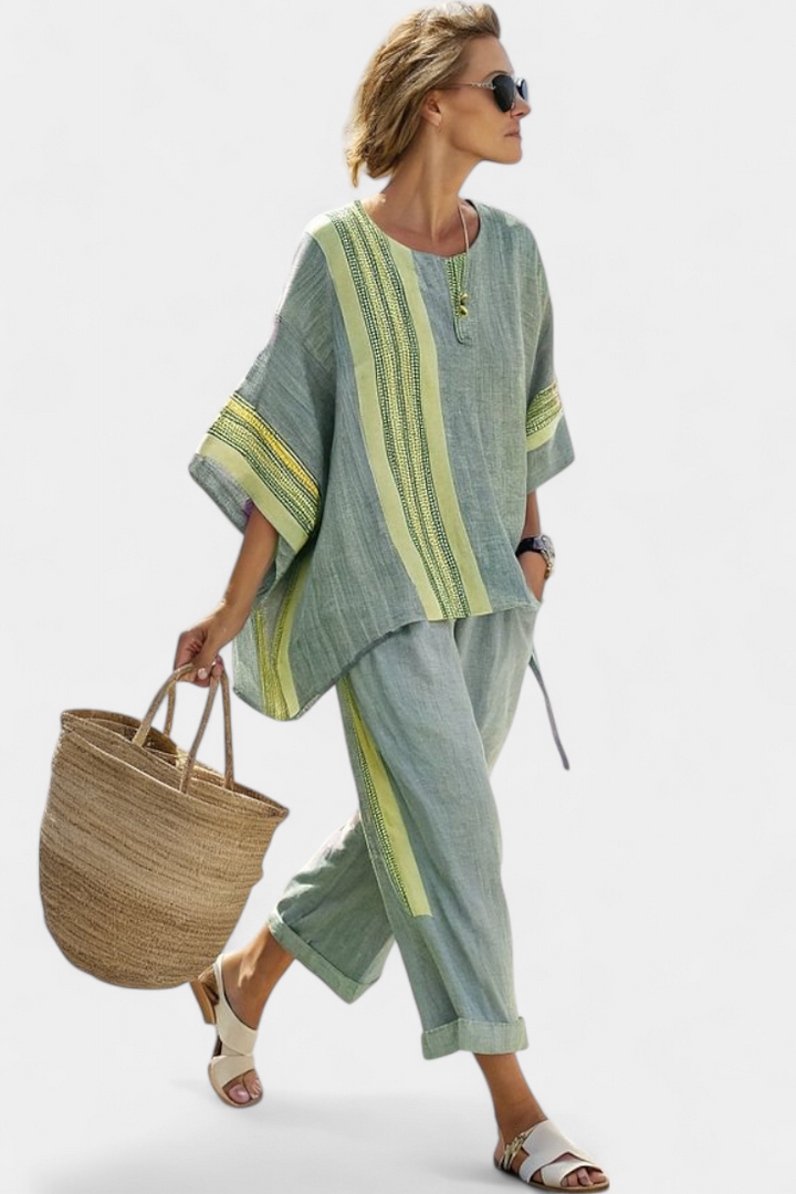 Leona | Matching Set with Stripe Trim and Wide Leg Trousers