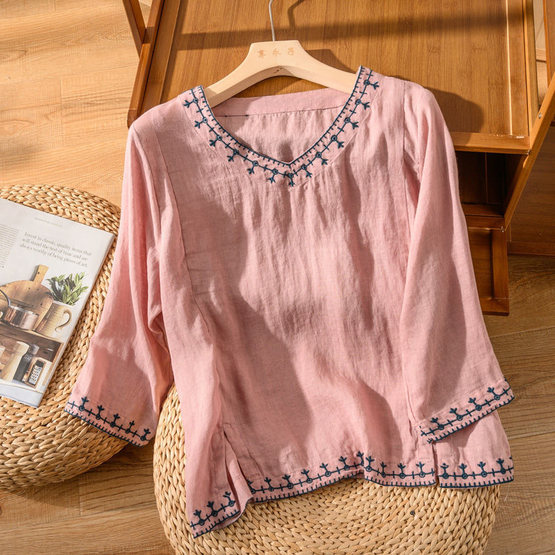 Nell | V Neck Blouse with Embroidered Trim and Three Quarter Sleeves