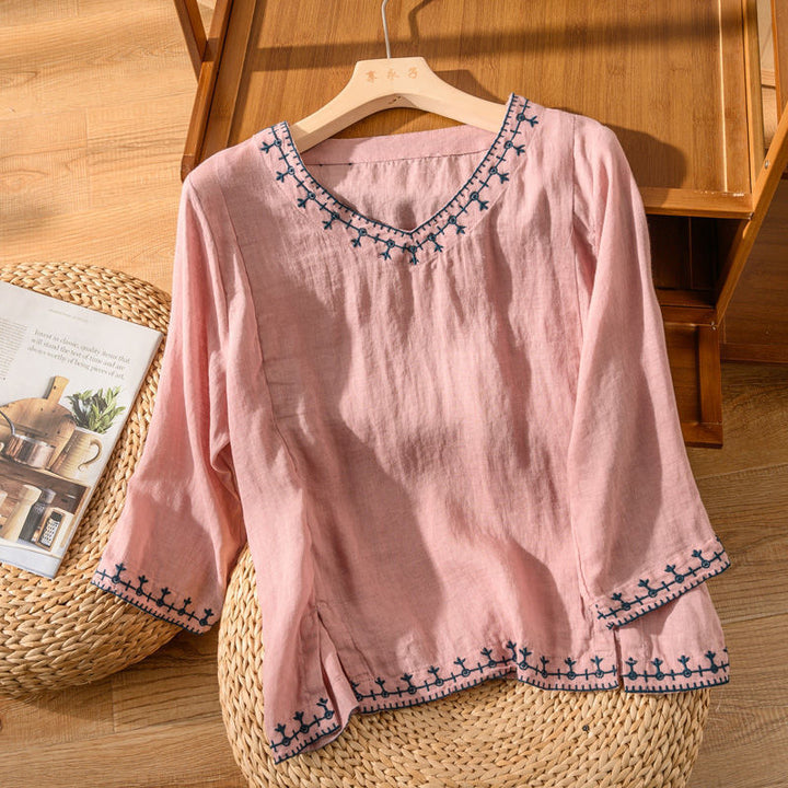 Nell | V Neck Blouse with Embroidered Trim and Three Quarter Sleeves