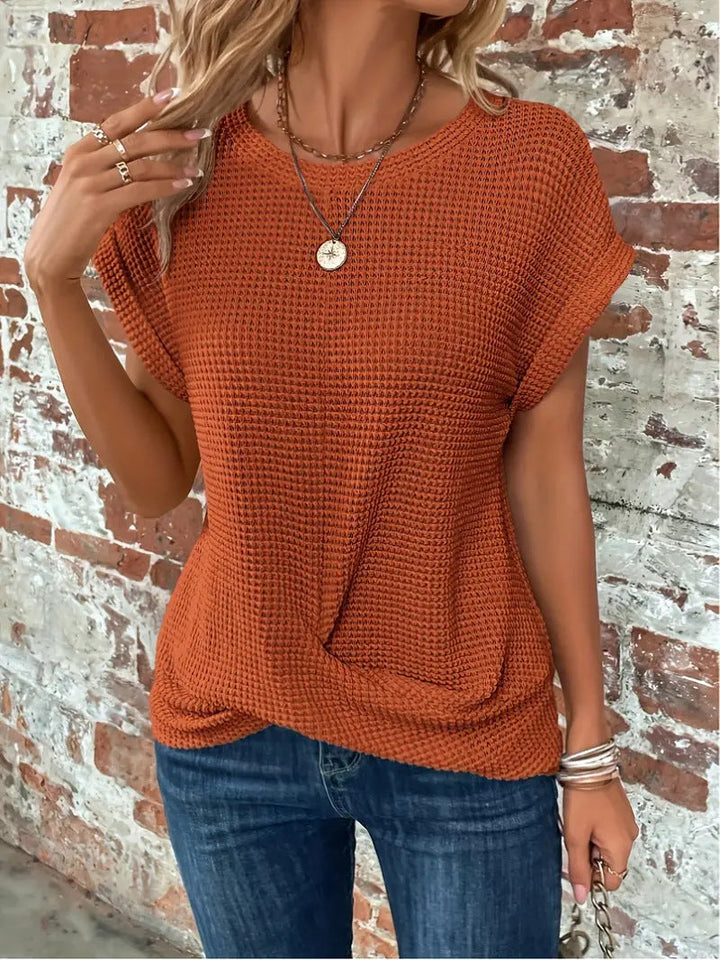 Tara | Waffle Knit Top with Round Neck and Twisted Hem