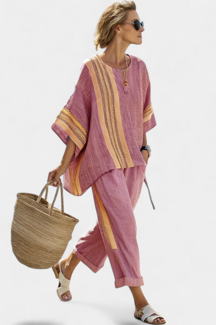 Leona | Matching Set with Stripe Trim and Wide Leg Trousers