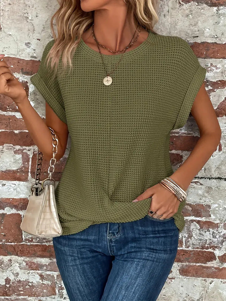 Tara | Waffle Knit Top with Round Neck and Twisted Hem