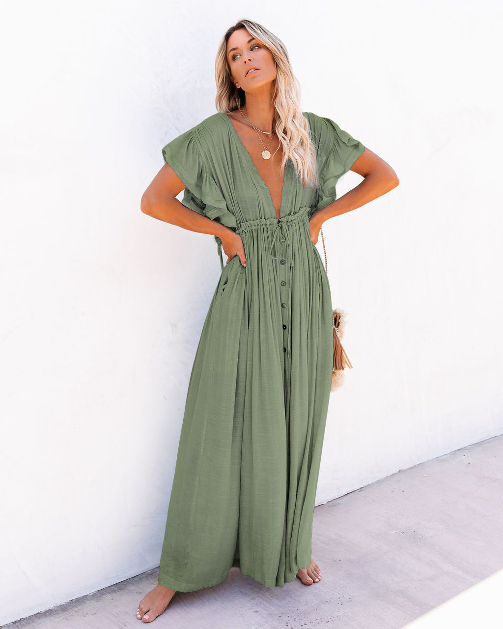 Maeve | Boho Maxi Dress Draped Button Front