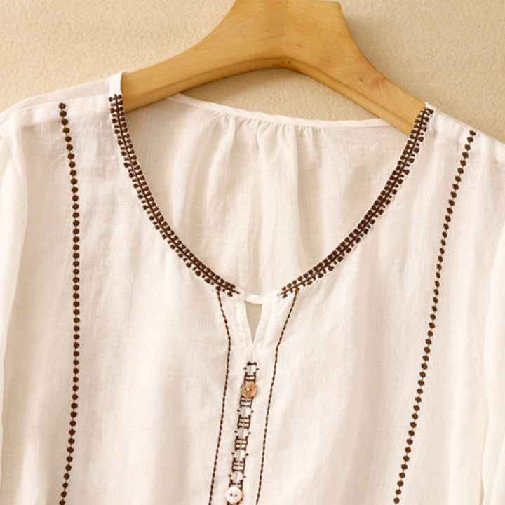 Iris | Linen Blouse with Embroidered Trim and Flared Sleeves