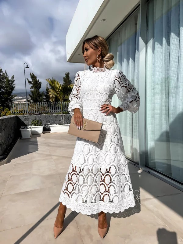 Olivia | Midi Wedding Guest Dress with High Neck and Long Sleeves