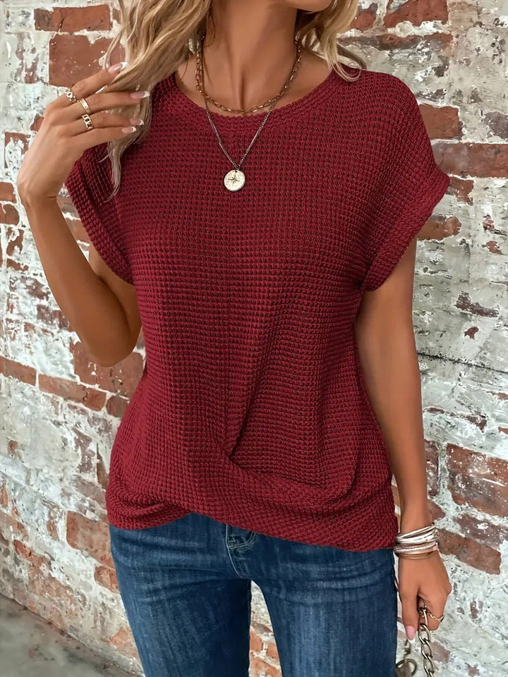 Tara | Waffle Knit Top with Round Neck and Twisted Hem