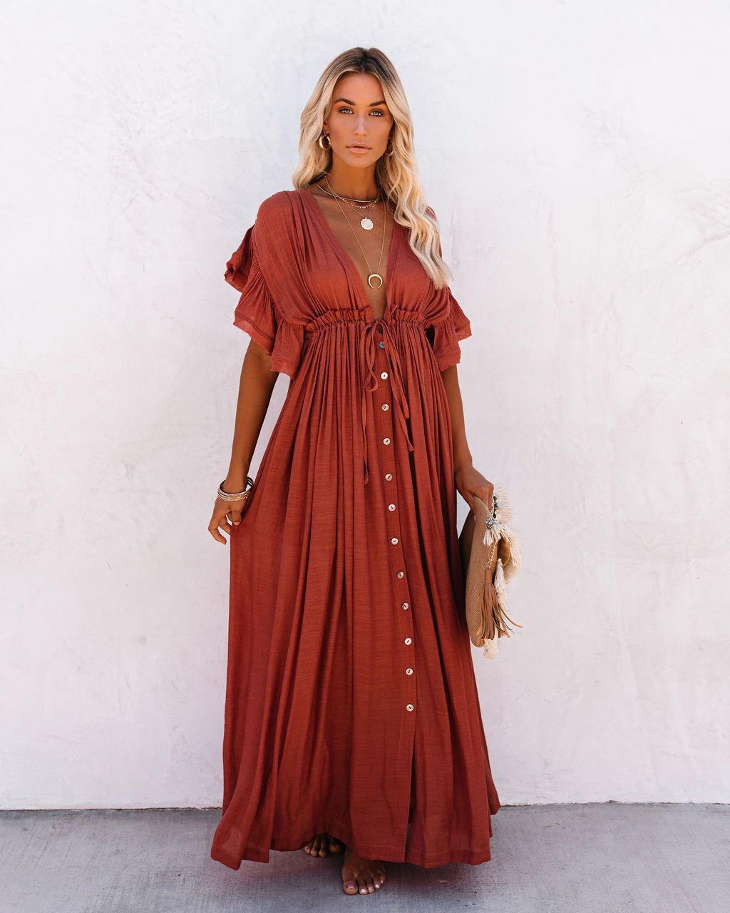 Maria | Maxi Summer Dress with V-Neck and Button Front