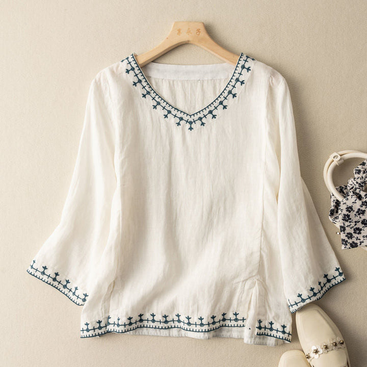 Nell | V Neck Blouse with Embroidered Trim and Three Quarter Sleeves