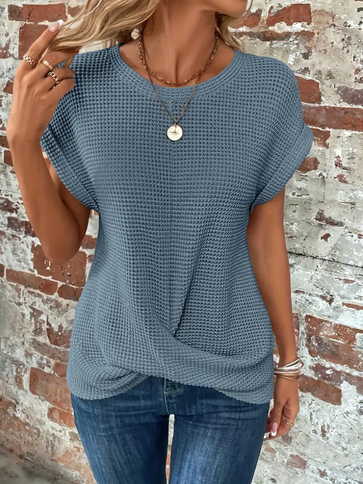 Tara | Waffle Knit Top with Round Neck and Twisted Hem