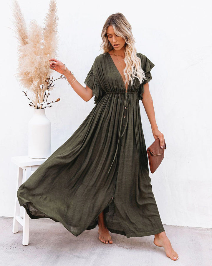 Maeve | Boho Maxi Dress Draped Button Front
