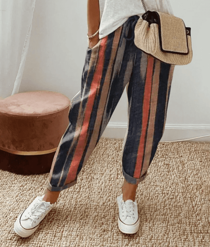 Roz | Striped Trousers with Tapered Fit and Cuffed Hem
