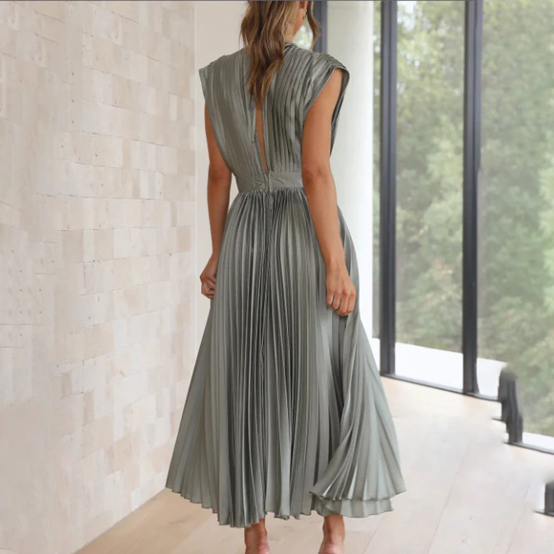 Alexis | Midi Wedding Guest Dress with V-Neck and Pleated Skirt