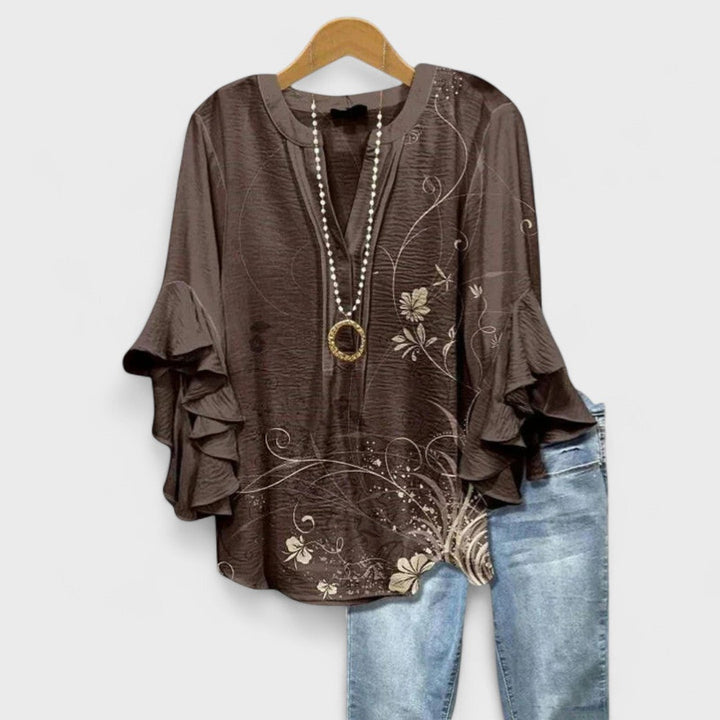 Ines | Baroque Print Blouse with Ruffle Sleeves and V-Neck