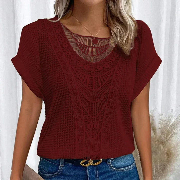 Tina | Crochet Detail Top with Round Neckline and Short Sleeves