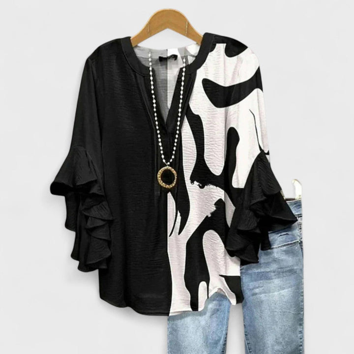 Ines | Baroque Print Blouse with Ruffle Sleeves and V-Neck