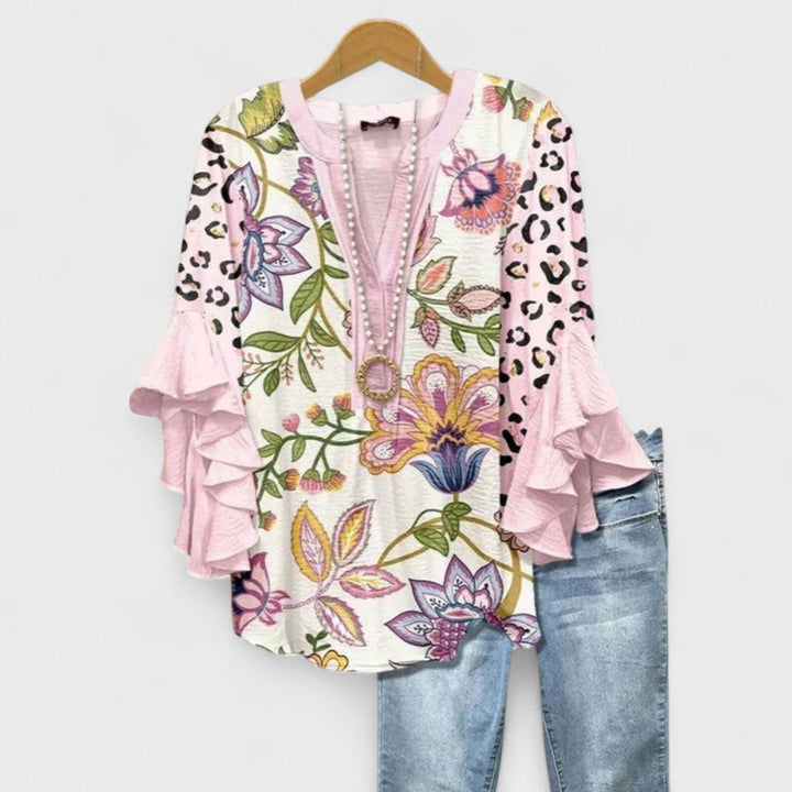 Ines | Baroque Print Blouse with Ruffle Sleeves and V-Neck