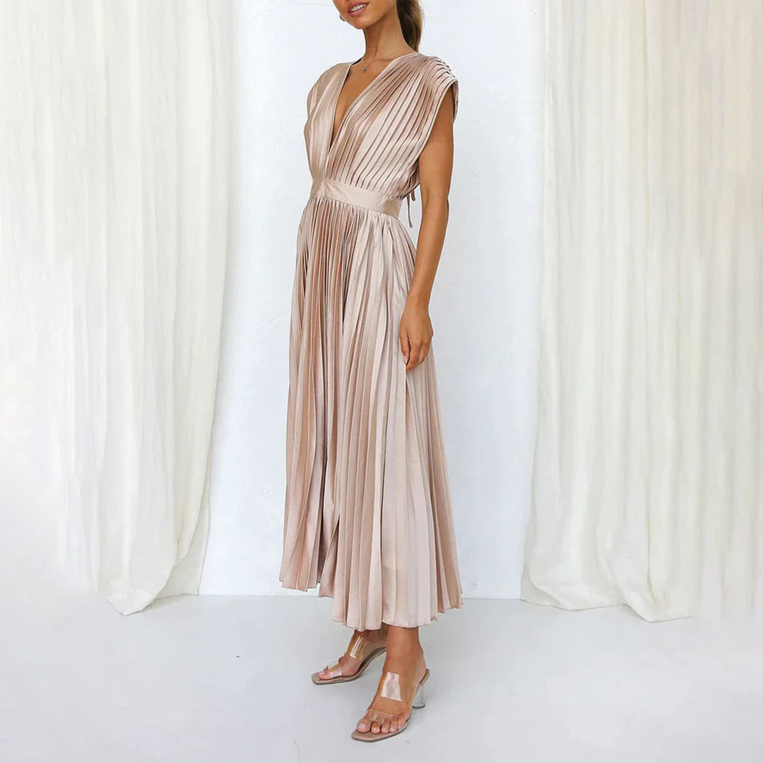 Alexis | Midi Wedding Guest Dress with V-Neck and Pleated Skirt