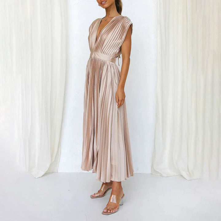 Alexis | Midi Wedding Guest Dress with V-Neck and Pleated Skirt