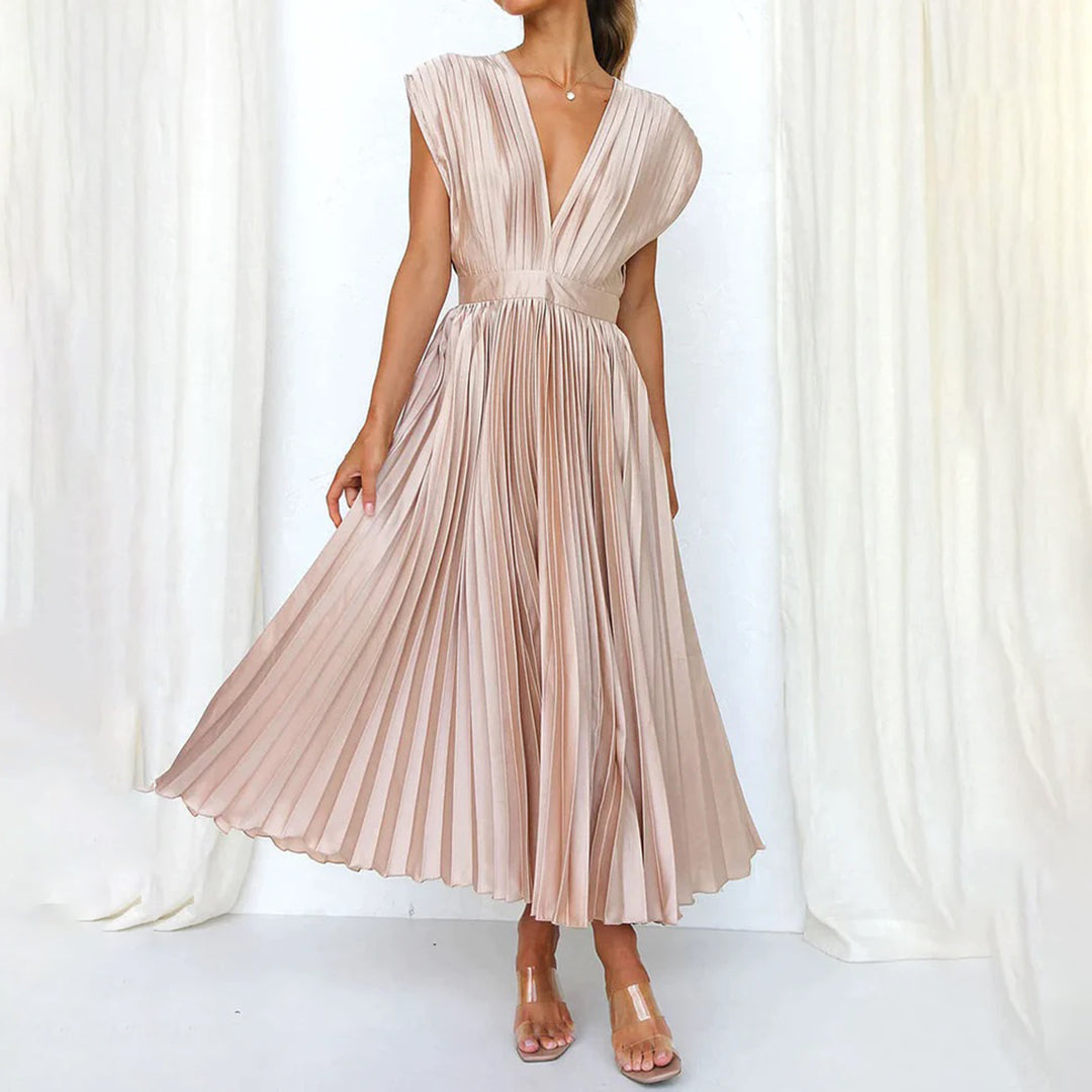 Alexis | Midi Wedding Guest Dress with V-Neck and Pleated Skirt