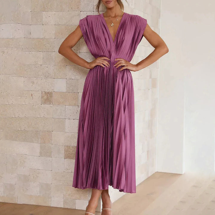 Alexis | Midi Wedding Guest Dress with V-Neck and Pleated Skirt
