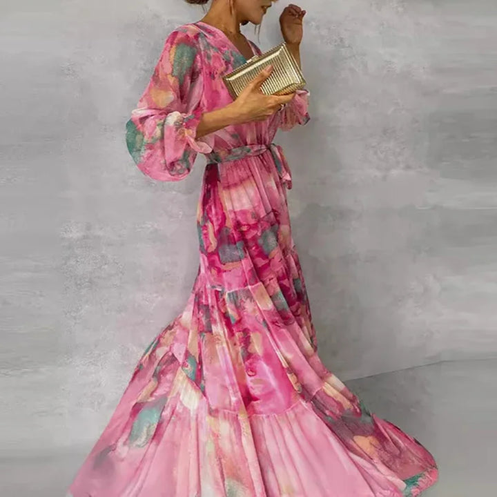 Lili | Maxi Wedding Guest Dress with Floral Print and V-Neck Wrap