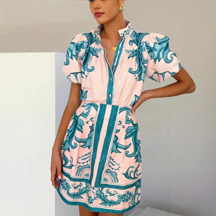 Isla | Mini Shirt Dress with Boho Print and Puff Sleeves