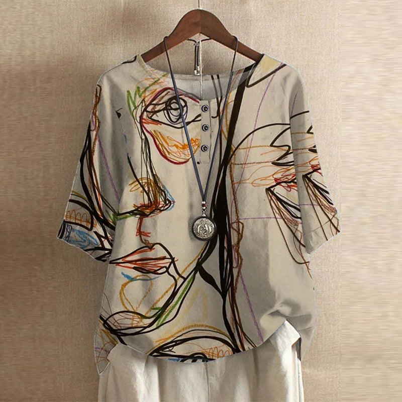 Cleo | Boho Print Top with Short Sleeves and Button Detail