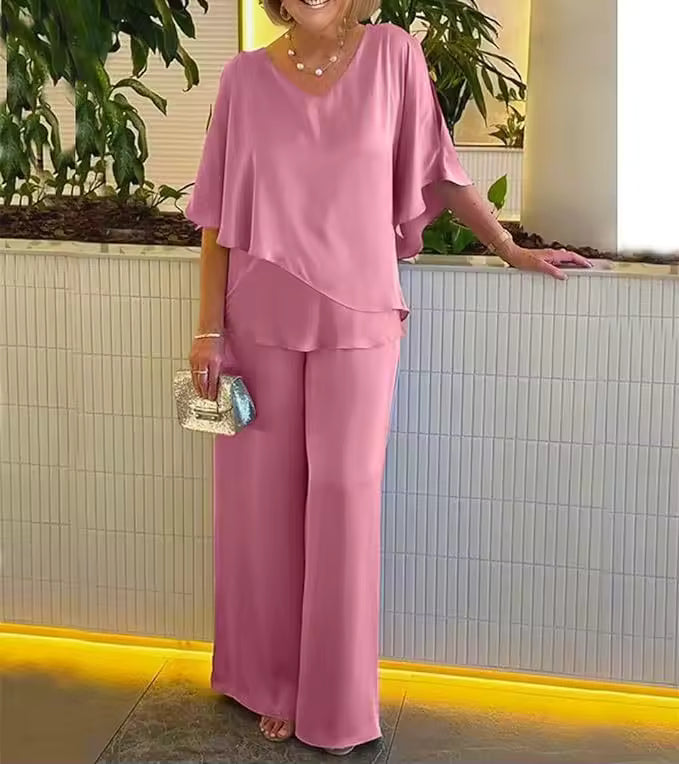 Bev | Co-ord Set with Wide Leg Trousers and Layered V Neck Top
