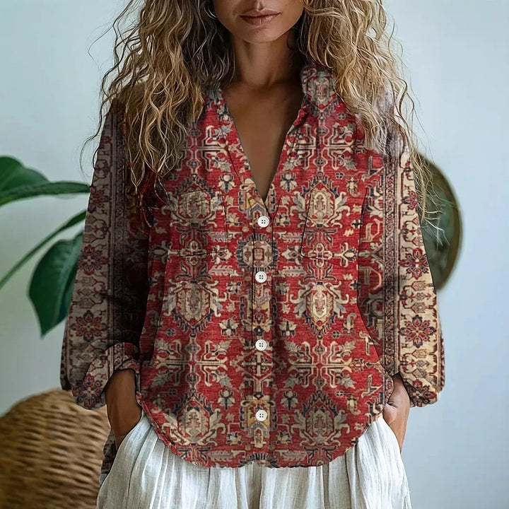 Ferris | Novelty Print Blouse with V Neckline and Button Front