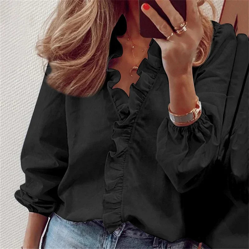 Elsa | Ruffle Trim Blouse with V-Neck and Long Sleeves
