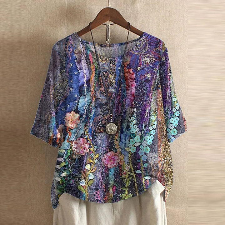 Cleo | Boho Print Top with Short Sleeves and Button Detail