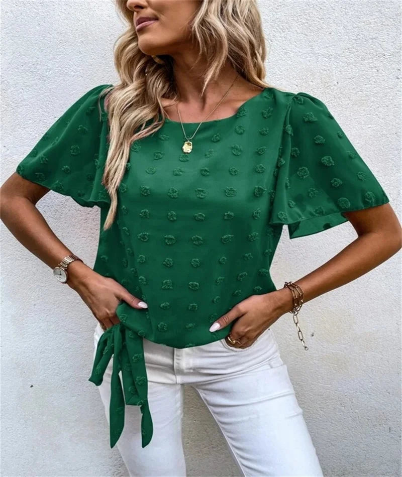 Edie | Textured Blouse with Round Neckline and Tie Waist