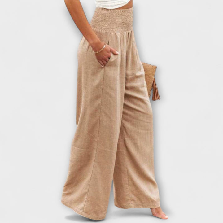 Coral | Wide Leg Trousers with Smocked Waist and Pleated Detail